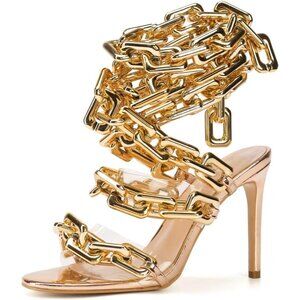 Women's Ankle Leg Lace Up Gold Link Chain Clear PVC Strappy Stiletto Round Toe